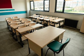 Classroom in background without ,No student or teacher . modern classroom environment
