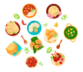 Top view of delicious Indian dishes vector illustrations set. Collection of drawings of food from India for restaurant menu or banner, samosa, curry on white background. Food, Indian cuisine concept