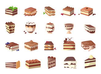 Delicious tiramisu cakes cartoon illustration set. Italian desserts with butter cream, coffee and mascarpone cheese in glasses. Food, cuisine, pastry, restaurant, menu concept - obrazy, fototapety, plakaty