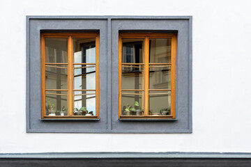 Fototapeta na wymiar Two rectangular gray windows with brown wooden frames against a white wall. From the Window of the World series.