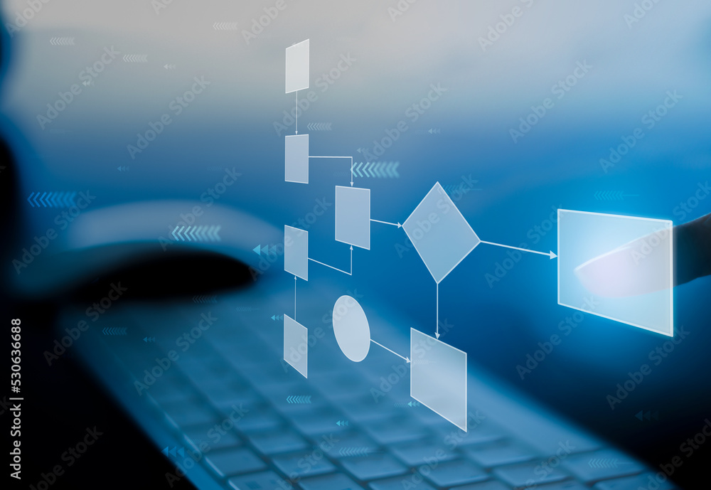 Leinwandbilder business process and workflow automation with flowchart, businessman in background
