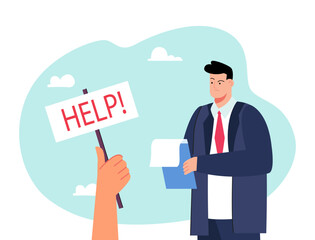 Skeptical man in suit looking at help sign. Hand of person with placard asking for help flat vector illustration. Support, humanitarian aid, social awareness concept for banner or landing web page