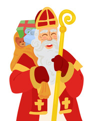 Saint Nicholas with gifts in bag, Isolated on white.The nature of Christianity in Orthodox, Catholics, Lutheran churches. 