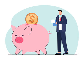 Businessman standing next to huge piggybank with gold coin. Office worker thinking of investing money flat vector illustration. Investment, banking, savings concept for banner or landing web page