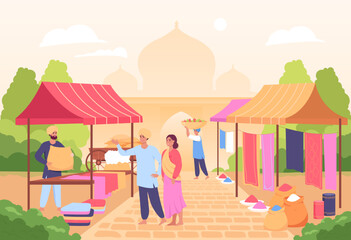 People shopping at Indian market flat vector illustration. Couple talking with vendor standing at counter. Taj Mahal silhouette in background. Commerce, street market concept