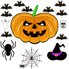 Cartellone per la festa di Halloween con zucca,fantasmino,pipistrelli,teschio,ragnetti e ragnatela