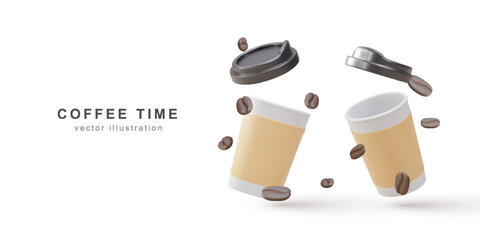 3d banner with open realistic two paper coffee cups and coffee beans on a white background. Vector illustration.