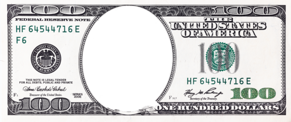 100 dollar border with empty transparent  middle area