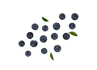 fresh blueberries with green leaves isolated on white background, ripe berries, macro shot of blueberries, top view