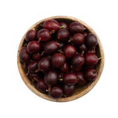 fresh red gooseberry in wooden bowl isolated on white background, top view