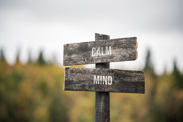 vintage and rustic wooden signpost with the weathered text quote calm mind, outdoors in nature. blurred out forest fall colors in the background.