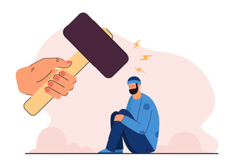 Hand holding hammer above sad homeless cartoon man. Person threatening poor male character in debt flat vector illustration. Poverty, discrimination, society concept for banner or landing web page