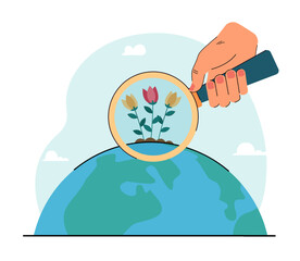 Hand holding magnifier in front of flowers growing on globe. Person studying plants under magnifying glass flat vector illustration. Biology, botany concept for banner, website design or landing page