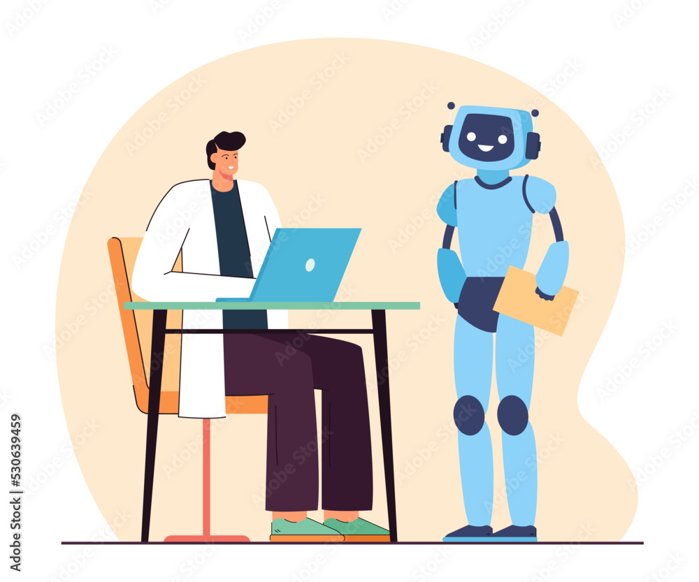 Poster doctor or scientist at computer desk talking to robot assistant. robotic character next to man worki