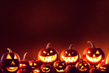 A row carved jack o’lantern Halloween pumpkins along the bottom of the image against a dark orange grunge background.
