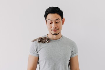 Cute little sugar glider pet hold on the asian man owner isolated on white.