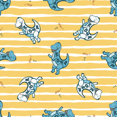 Dinosaurs Seamless pattern for kids fashion. Dancing Cute T-Rex Dinosaur. Vector Striped Background. Yellow, white and blue colors