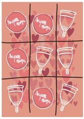 Le jeu tic-tac-toe avec des coupes menstruelles pour femme, typographie super nana, fond à motif cœur rose. Lutte contre le tabou des règles 