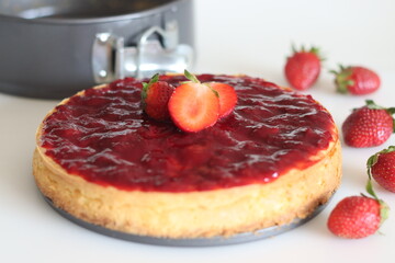 Strawberry cheese cake. Silky smooth and creamy cheese cake with homemade fresh strawberry toppings