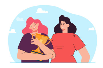 Female character looking at happy woman hugging trophy. Cartoon girls winning competition or contest flat vector illustration. Victory, success, teamwork concept for banner or landing web page