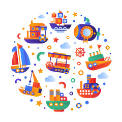 Sea and Water Transport Circle Arrangement as Seafaring and Marine Cruise Vector Template
