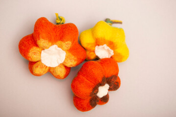 Pumpkins handmade from felted wool for celebration of Halloween