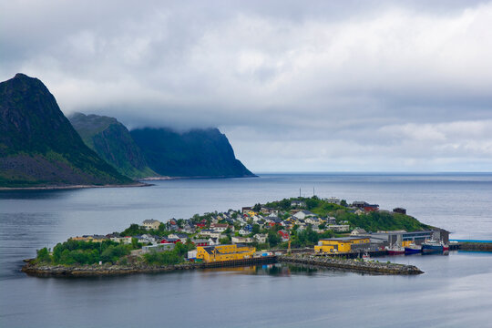 View of fishing village Husoy in Oyfjorden, Senja, Norway
