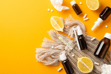 Seasonal diseases concept. Top view photo of spray and syrup transparent brown bottles crumpled...