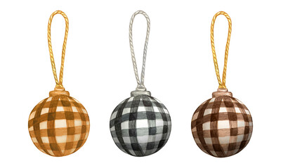 Watercolor Rustic Christmas toys isolated on white background. New Year decor for your projects, invitations, cards, patterns, banners, posters and more.