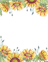 Frame. Watercolor sunflowers	