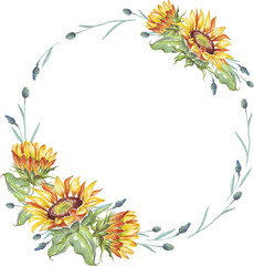 Wreath. Watercolor sunflowers	
