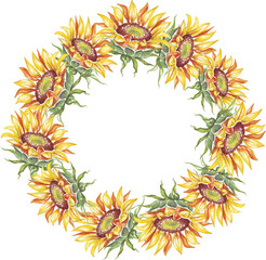 Wreath. Watercolor sunflowers	
