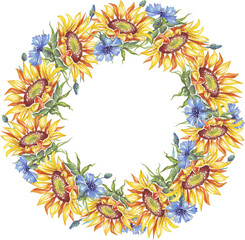 Obraz premium Wreath. Watercolor sunflower and cornflower