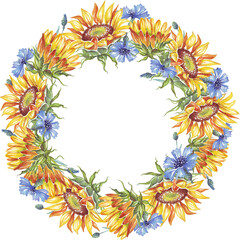 Obraz premium Wreath. Watercolor sunflower and cornflower
