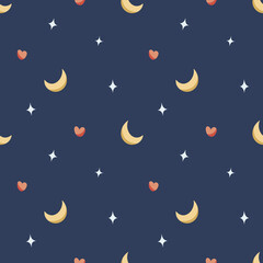Cute seamless vector pattern with moon and star elements. Modern background.