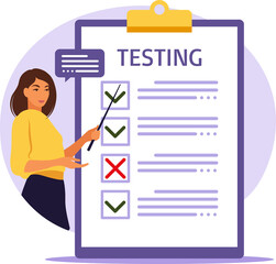 Concept of online exam on internet. Woman standing near online form survey on laptop. Questionnaire, web learning, electronic voting.