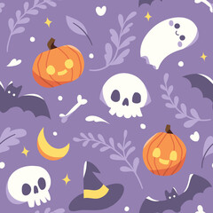 Seamless Vector Halloween Pattern Design. Cute halloween elements in flat style.