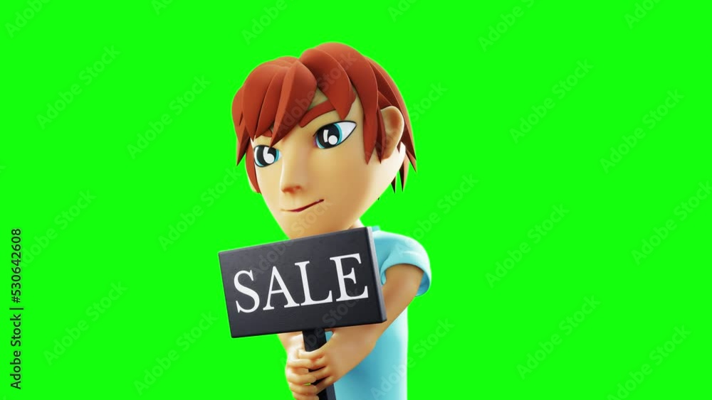 Poster 3d render of an animation of a boy holding a sale sign swaying continuously. green background and bl