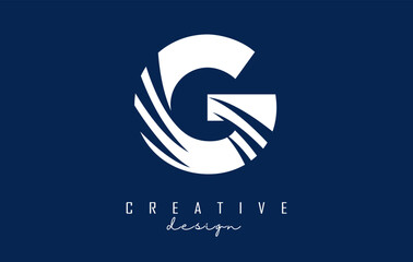 White letter G logo with leading lines and negative space design. Letter with geometric and creative cuts concept.