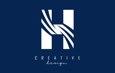 Fototapeta premium White letter H logo with leading lines and negative space design. Letter with geometric and creative cuts concept.
