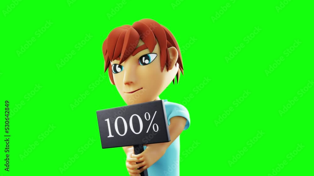 Poster 3d render of an animation of a boy holding a 100% sign swaying continuously. green background and bl