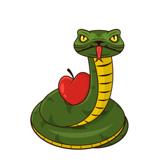 Snake with a red apple. Serpent tempter on white background