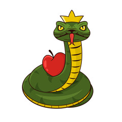 Snake in a crown with a red apple.  Serpent tempter on white background