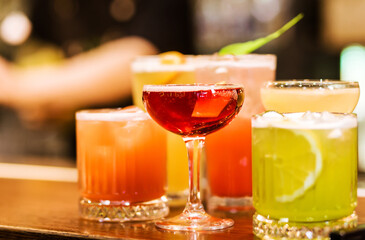 Selection of cocktails on a bar counter