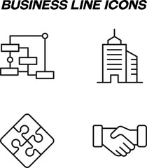 Monochrome isolated symbols drawn with black thin line. Perfect for stores, shops, adverts. Vector icon set with signs of mind map, algorithm, bank, puzzle, contract, deal