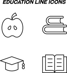 Monochrome isolated symbols drawn with black thin line. Perfect for stores, shops, adverts. Vector icon set with signs of apple, books and academic square cap