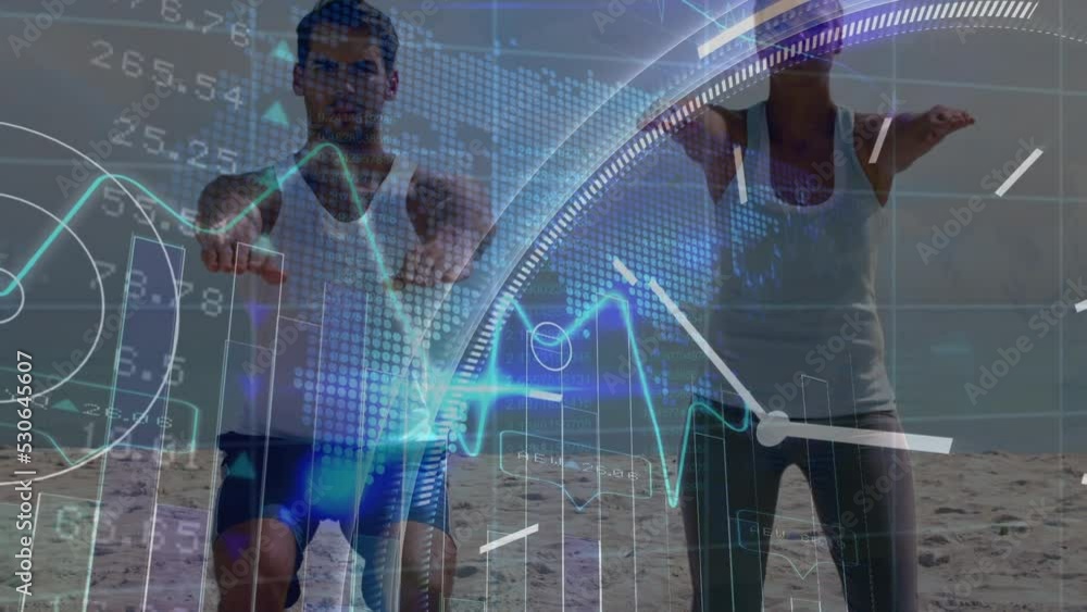 Poster animation of data processing and moving clock over caucasian couple exercising at beach