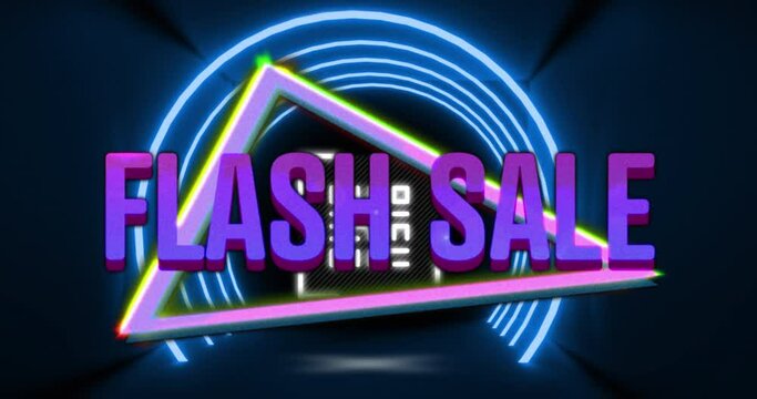 Animation of flash sale text over colorful shapes