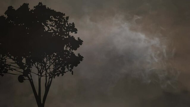 Animation of smoke over tree silhouette on grey background