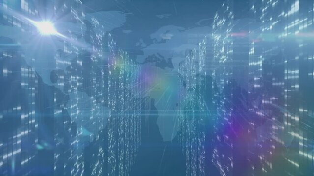 Animation of light trails and moving columns over world map on blue background